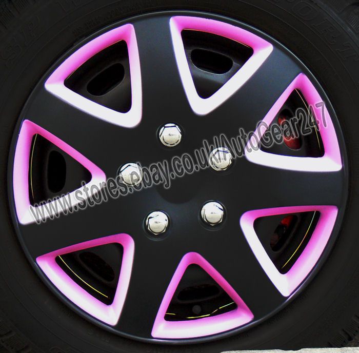 15" inch Ford Fiesta Matt Black & Pink Wheel Trims Hub Cap Covers+Dust